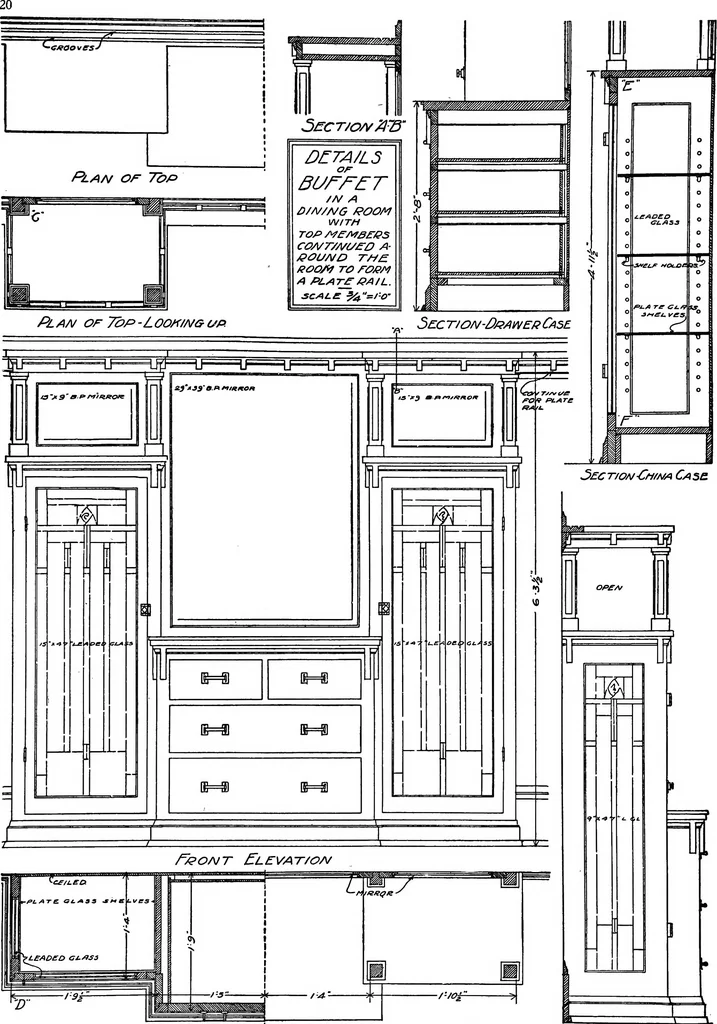 An illustration from Radford's portfolio of details of building construction; a remarkable and unique collection of full-page plates, accurately drawn and reproduced to exact scale. Complete details for every style of interior trim, including special built-in features, 1911, leaf 23