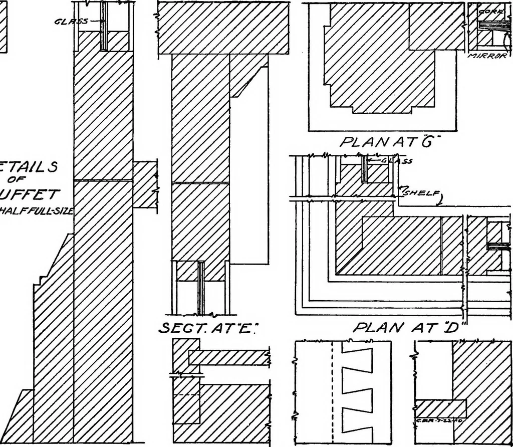 An illustration from Radford's portfolio of details of building construction; a remarkable and unique collection of full-page plates, accurately drawn and reproduced to exact scale. Complete details for every style of interior trim, including special built-in features, 1911, leaf 24