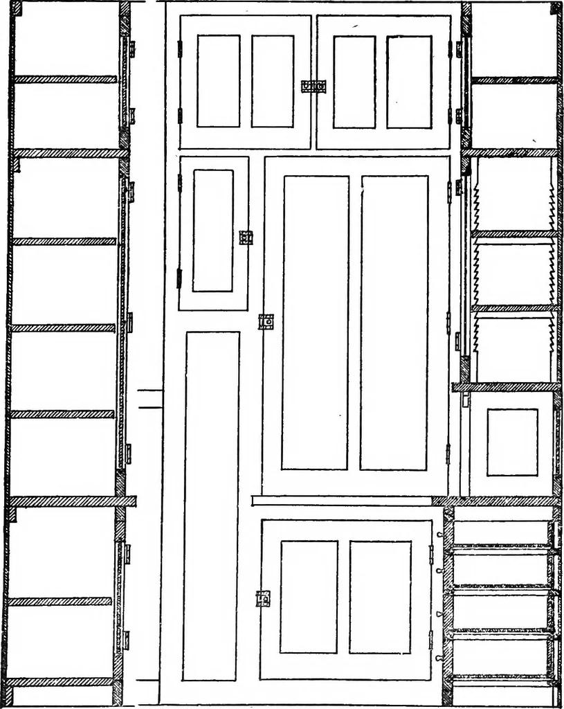 An illustration from Radford's portfolio of details of building construction; a remarkable and unique collection of full-page plates, accurately drawn and reproduced to exact scale. Complete details for every style of interior trim, including special built-in features, 1911, leaf 25