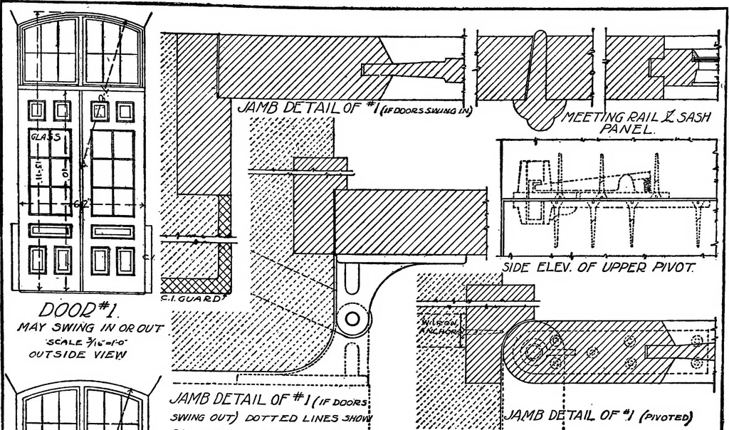 An illustration from Radford's portfolio of details of building construction; a remarkable and unique collection of full-page plates, accurately drawn and reproduced to exact scale. Complete details for every style of interior trim, including special built-in features, 1911, leaf 41