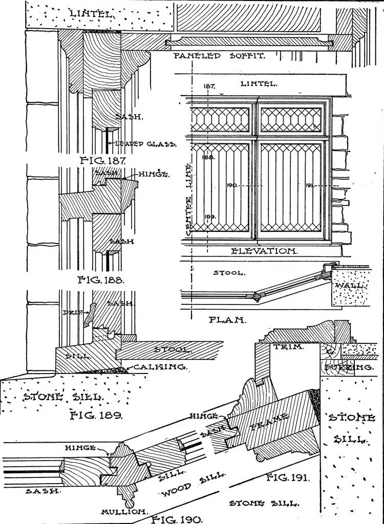 An illustration from Radford's portfolio of details of building construction; a remarkable and unique collection of full-page plates, accurately drawn and reproduced to exact scale. Complete details for every style of interior trim, including special built-in features, 1911, leaf 91