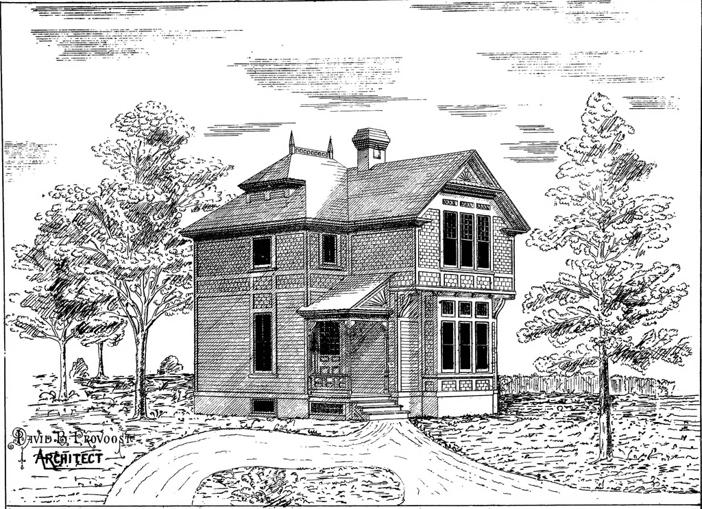 An illustration from American cottages; consisting of fouty-four large quarto plates, containing original designs of medium and low cost cottages, seaside and country houses. Also, a club house, pavilion .., 1883, leaf 12