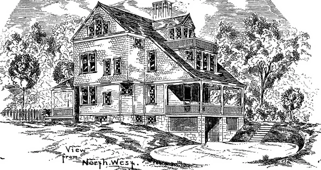 An illustration from American cottages; consisting of fouty-four large quarto plates, containing original designs of medium and low cost cottages, seaside and country houses. Also, a club house, pavilion .., 1883, leaf 32