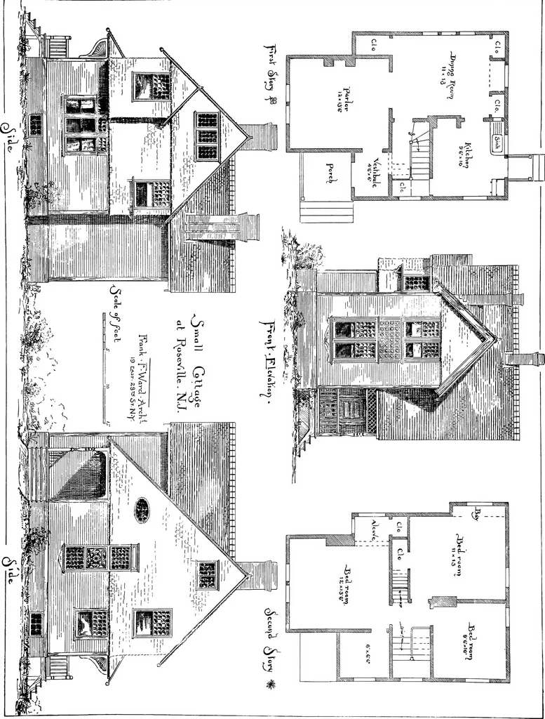 An illustration from American cottages; consisting of fouty-four large quarto plates, containing original designs of medium and low cost cottages, seaside and country houses. Also, a club house, pavilion .., 1883, leaf 34