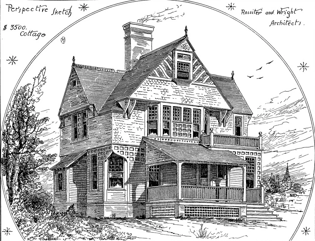 An illustration from American cottages; consisting of fouty-four large quarto plates, containing original designs of medium and low cost cottages, seaside and country houses. Also, a club house, pavilion .., 1883, leaf 42