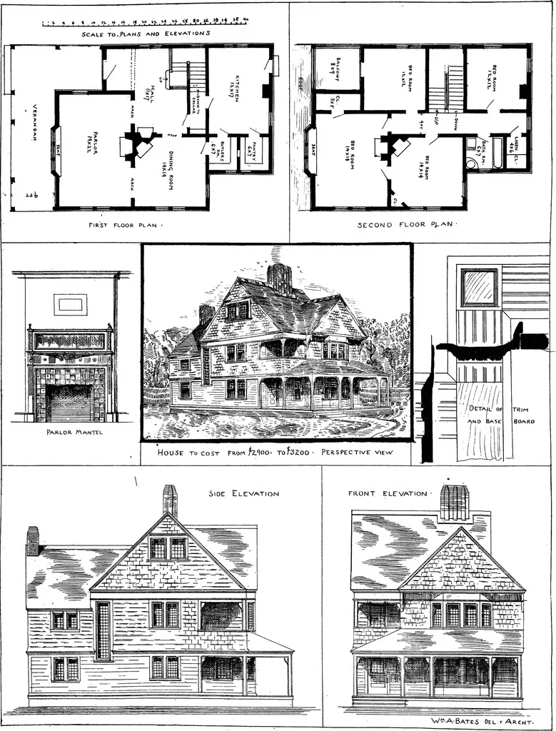 An illustration from American cottages; consisting of fouty-four large quarto plates, containing original designs of medium and low cost cottages, seaside and country houses. Also, a club house, pavilion .., 1883, leaf 44