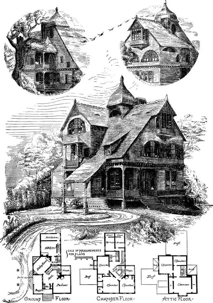 An illustration from American cottages; consisting of fouty-four large quarto plates, containing original designs of medium and low cost cottages, seaside and country houses. Also, a club house, pavilion .., 1883, leaf 46
