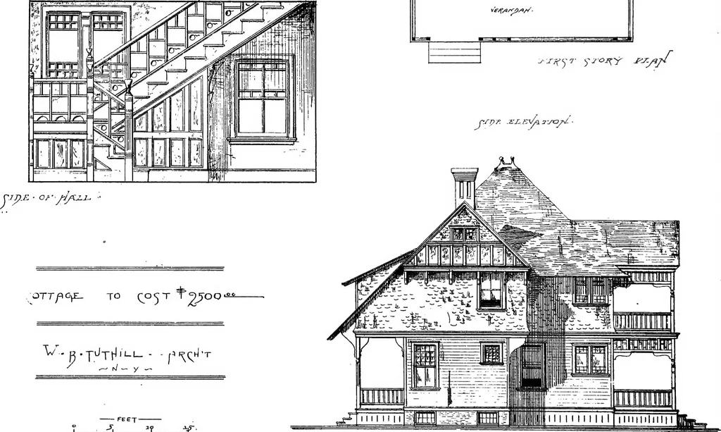 An illustration from American cottages; consisting of fouty-four large quarto plates, containing original designs of medium and low cost cottages, seaside and country houses. Also, a club house, pavilion .., 1883, leaf 76