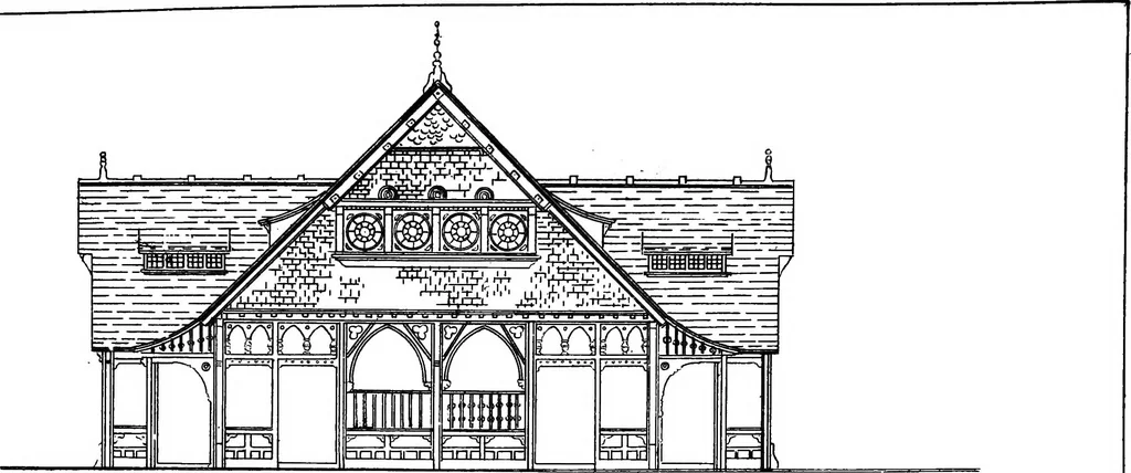 An illustration from American cottages; consisting of fouty-four large quarto plates, containing original designs of medium and low cost cottages, seaside and country houses. Also, a club house, pavilion .., 1883, leaf 92