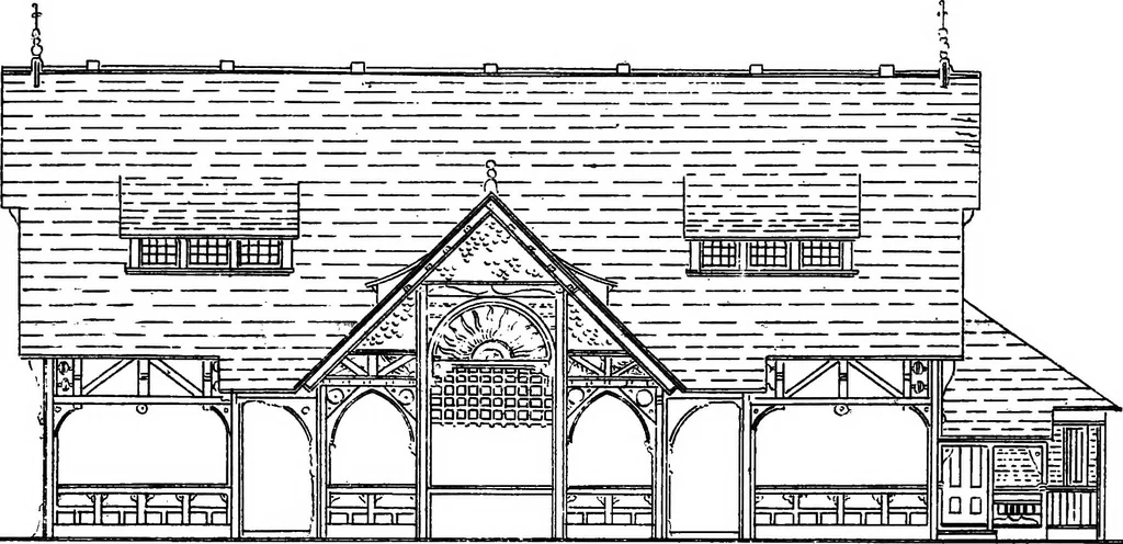 An illustration from American cottages; consisting of fouty-four large quarto plates, containing original designs of medium and low cost cottages, seaside and country houses. Also, a club house, pavilion .., 1883, leaf 92