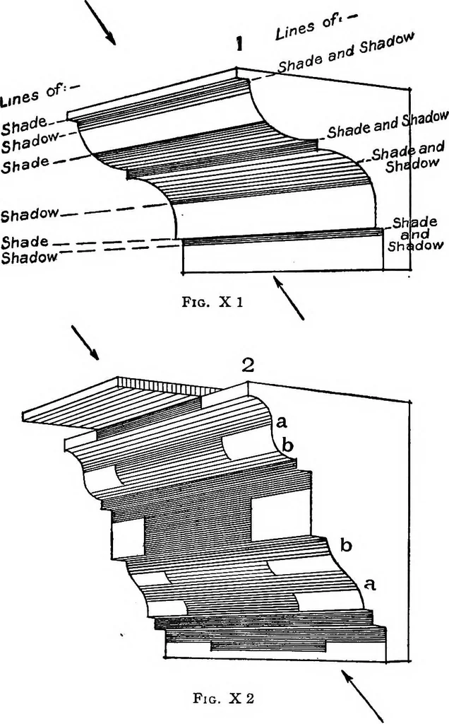 An illustration from Shades and shadows, with applications to architectural details, and exercises in drawing them with the brush and pen .., 1912, leaf 33