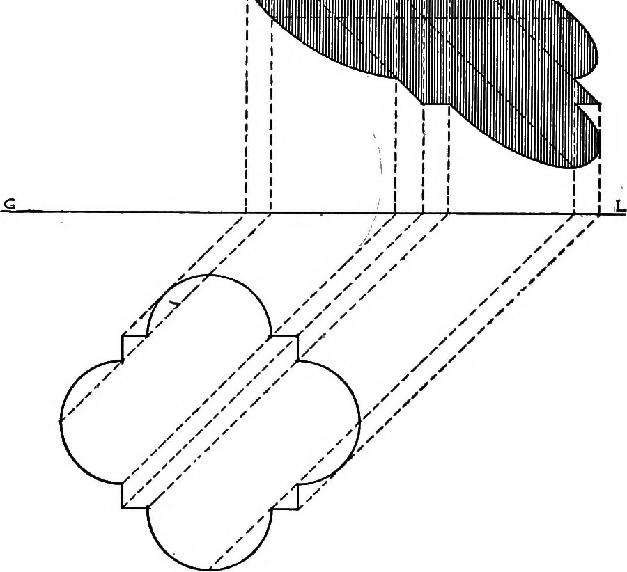 An illustration from Shades and shadows, with applications to architectural details, and exercises in drawing them with the brush and pen .., 1912, leaf 45