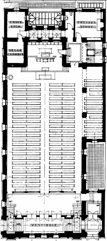 An illustration from American churches ... A series of authoritative articles on designing, planning, heating, ventilating, lighting and general equipment of churches as demonstrated by the best practice in the United States, 1915, leaf 184