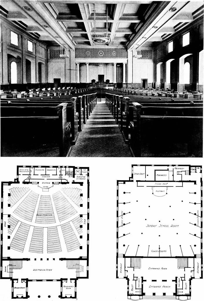 An illustration from American churches ... A series of authoritative articles on designing, planning, heating, ventilating, lighting and general equipment of churches as demonstrated by the best practice in the United States, 1915, leaf 218