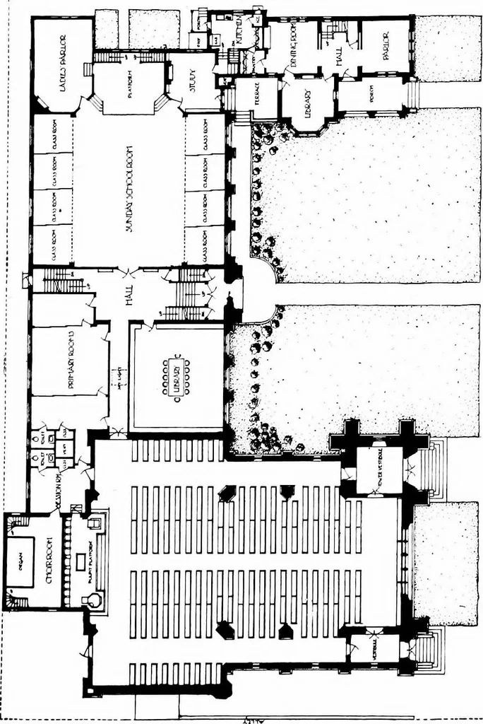 An illustration from American churches ... A series of authoritative articles on designing, planning, heating, ventilating, lighting and general equipment of churches as demonstrated by the best practice in the United States, 1915, leaf 422