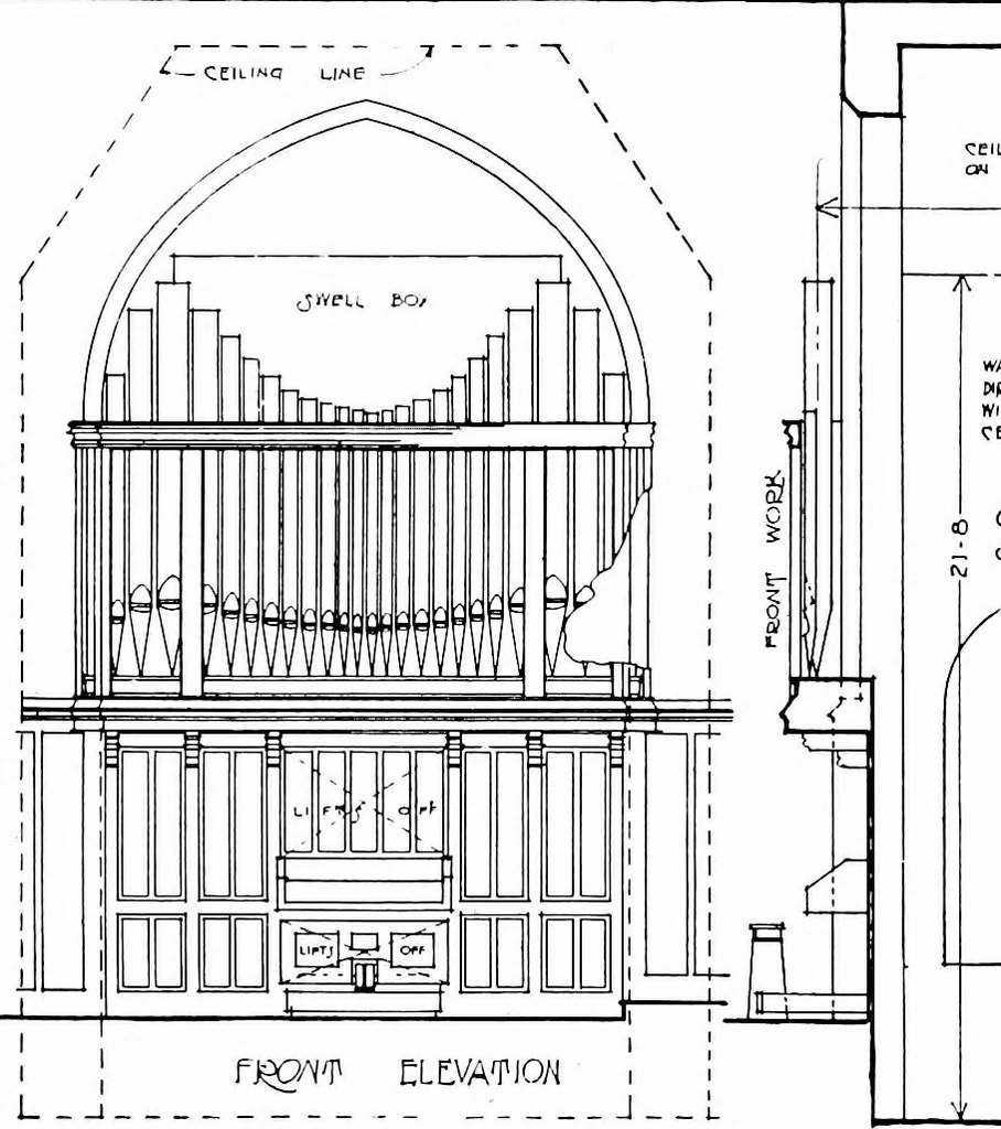 An illustration from American churches ... A series of authoritative articles on designing, planning, heating, ventilating, lighting and general equipment of churches as demonstrated by the best practice in the United States, 1915, leaf 71