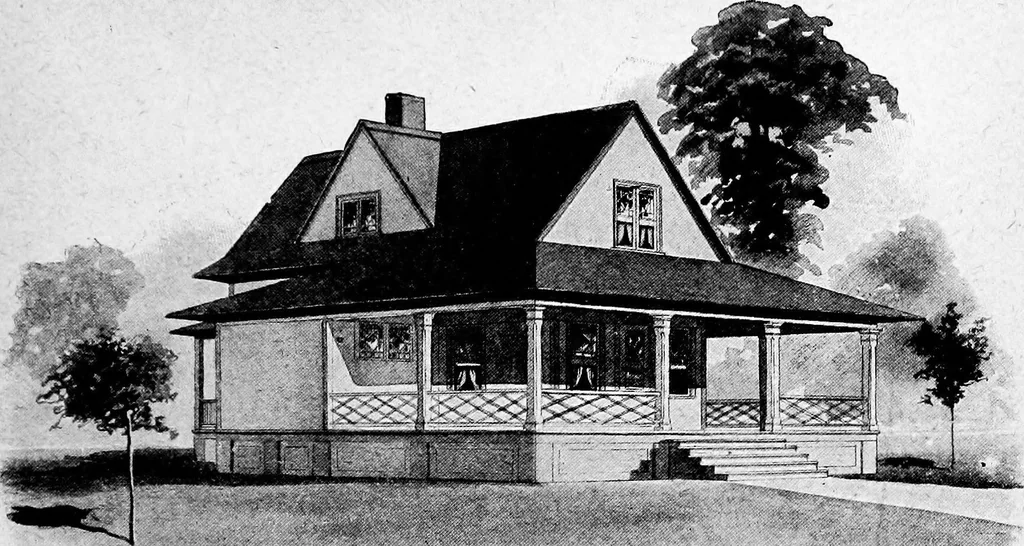 An illustration from Lumberman's house plan book : being a collection of one hundred absolutely new and attractive plans never before published, together with a selection of one hundred of our most popular houses published heretofore ... : 200 house plans, 1907, leaf 102