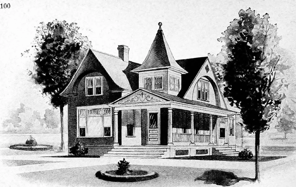 An illustration from Lumberman's house plan book : being a collection of one hundred absolutely new and attractive plans never before published, together with a selection of one hundred of our most popular houses published heretofore ... : 200 house plans, 1907, leaf 103