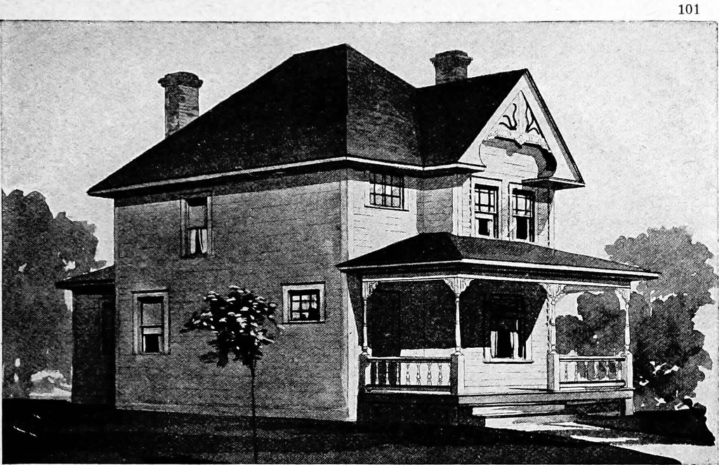 An illustration from Lumberman's house plan book : being a collection of one hundred absolutely new and attractive plans never before published, together with a selection of one hundred of our most popular houses published heretofore ... : 200 house plans, 1907, leaf 104