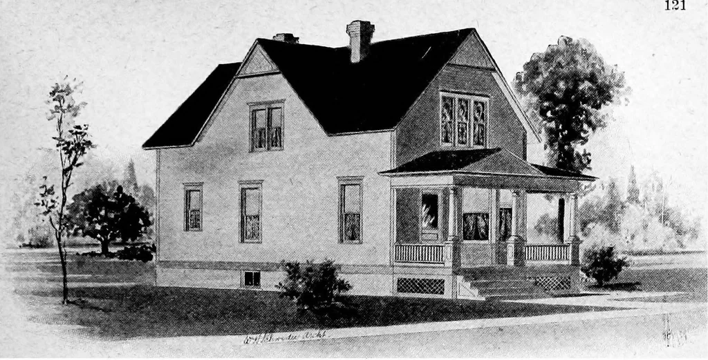 An illustration from Lumberman's house plan book : being a collection of one hundred absolutely new and attractive plans never before published, together with a selection of one hundred of our most popular houses published heretofore ... : 200 house plans, 1907, leaf 124