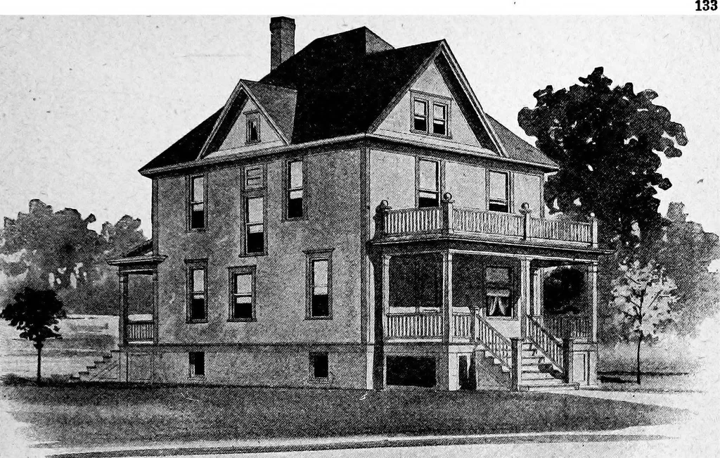 An illustration from Lumberman's house plan book : being a collection of one hundred absolutely new and attractive plans never before published, together with a selection of one hundred of our most popular houses published heretofore ... : 200 house plans, 1907, leaf 136