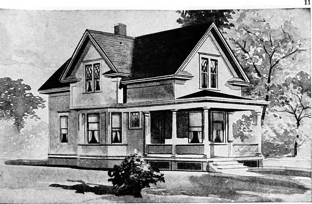 An illustration from Lumberman's house plan book : being a collection of one hundred absolutely new and attractive plans never before published, together with a selection of one hundred of our most popular houses published heretofore ... : 200 house plans, 1907, leaf 14