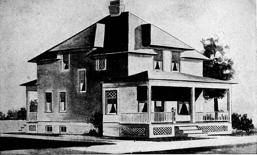 An illustration from Lumberman's house plan book : being a collection of one hundred absolutely new and attractive plans never before published, together with a selection of one hundred of our most popular houses published heretofore ... : 200 house plans, 1907, leaf 140