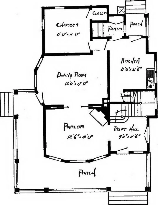 An illustration from Lumberman's house plan book : being a collection of one hundred absolutely new and attractive plans never before published, together with a selection of one hundred of our most popular houses published heretofore ... : 200 house plans, 1907, leaf 142
