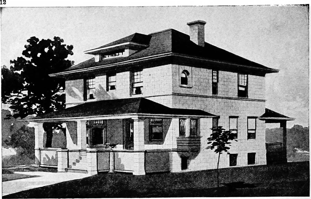 An illustration from Lumberman's house plan book : being a collection of one hundred absolutely new and attractive plans never before published, together with a selection of one hundred of our most popular houses published heretofore ... : 200 house plans, 1907, leaf 15