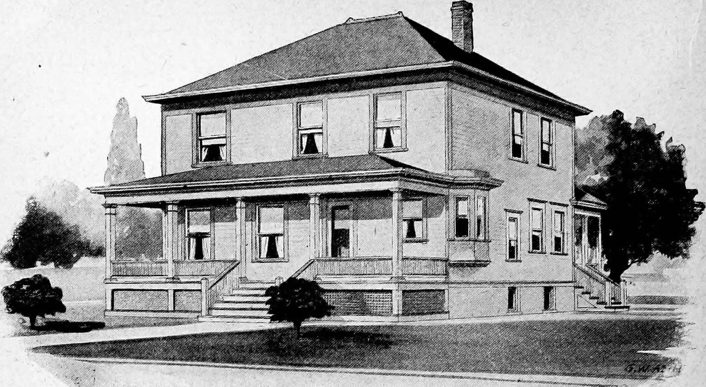 An illustration from Lumberman's house plan book : being a collection of one hundred absolutely new and attractive plans never before published, together with a selection of one hundred of our most popular houses published heretofore ... : 200 house plans, 1907, leaf 155
