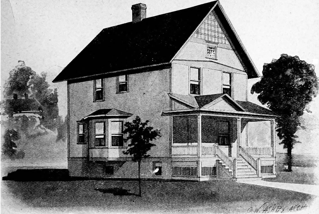 An illustration from Lumberman's house plan book : being a collection of one hundred absolutely new and attractive plans never before published, together with a selection of one hundred of our most popular houses published heretofore ... : 200 house plans, 1907, leaf 156
