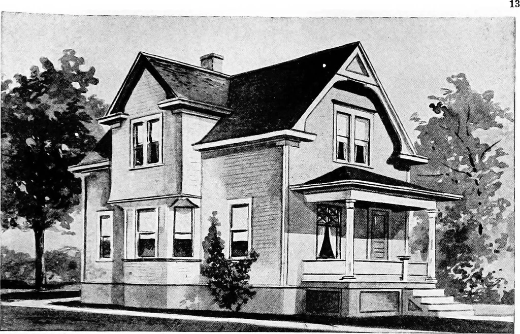 An illustration from Lumberman's house plan book : being a collection of one hundred absolutely new and attractive plans never before published, together with a selection of one hundred of our most popular houses published heretofore ... : 200 house plans, 1907, leaf 16