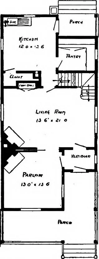 An illustration from Lumberman's house plan book : being a collection of one hundred absolutely new and attractive plans never before published, together with a selection of one hundred of our most popular houses published heretofore ... : 200 house plans, 1907, leaf 185