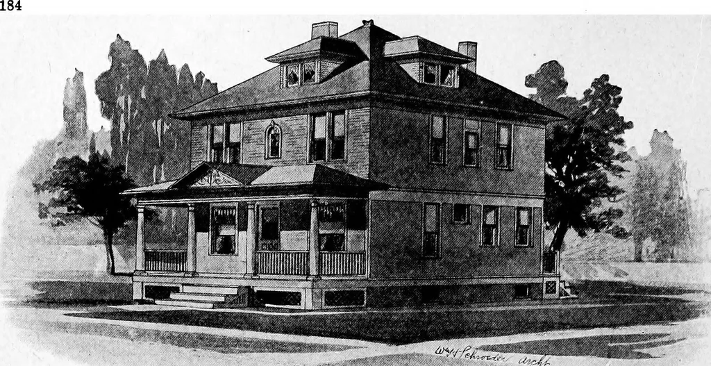 An illustration from Lumberman's house plan book : being a collection of one hundred absolutely new and attractive plans never before published, together with a selection of one hundred of our most popular houses published heretofore ... : 200 house plans, 1907, leaf 187