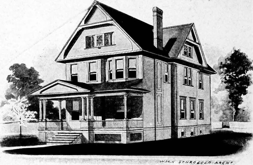 An illustration from Lumberman's house plan book : being a collection of one hundred absolutely new and attractive plans never before published, together with a selection of one hundred of our most popular houses published heretofore ... : 200 house plans, 1907, leaf 197