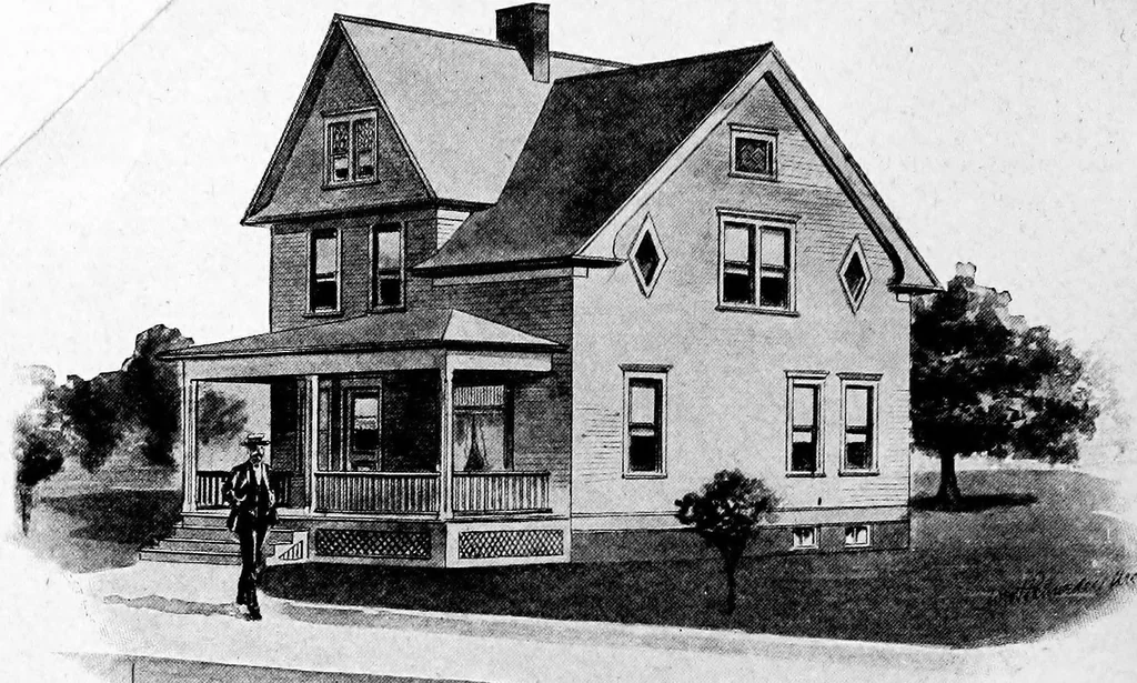 An illustration from Lumberman's house plan book : being a collection of one hundred absolutely new and attractive plans never before published, together with a selection of one hundred of our most popular houses published heretofore ... : 200 house plans, 1907, leaf 203