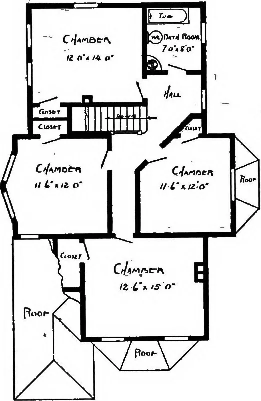An illustration from Lumberman's house plan book : being a collection of one hundred absolutely new and attractive plans never before published, together with a selection of one hundred of our most popular houses published heretofore ... : 200 house plans, 1907, leaf 212