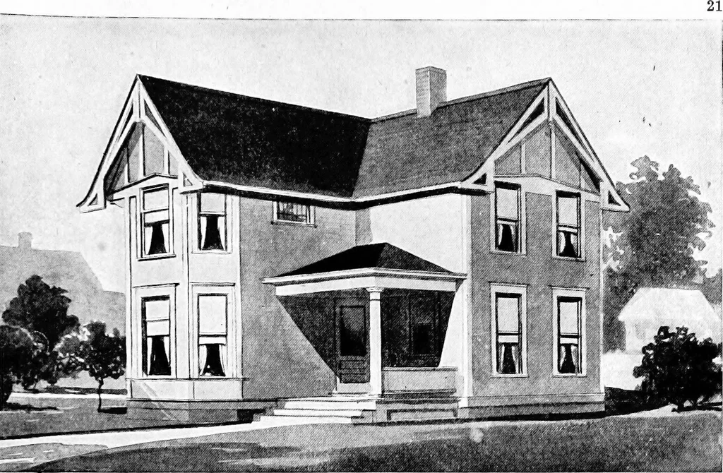 An illustration from Lumberman's house plan book : being a collection of one hundred absolutely new and attractive plans never before published, together with a selection of one hundred of our most popular houses published heretofore ... : 200 house plans, 1907, leaf 24