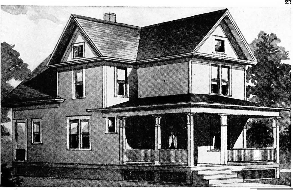An illustration from Lumberman's house plan book : being a collection of one hundred absolutely new and attractive plans never before published, together with a selection of one hundred of our most popular houses published heretofore ... : 200 house plans, 1907, leaf 26