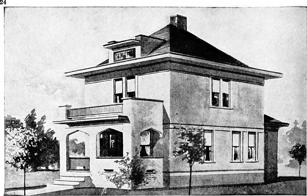 An illustration from Lumberman's house plan book : being a collection of one hundred absolutely new and attractive plans never before published, together with a selection of one hundred of our most popular houses published heretofore ... : 200 house plans, 1907, leaf 27
