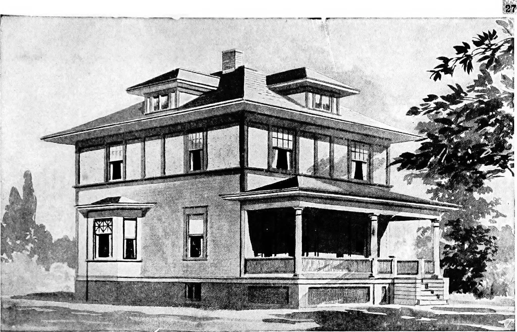 An illustration from Lumberman's house plan book : being a collection of one hundred absolutely new and attractive plans never before published, together with a selection of one hundred of our most popular houses published heretofore ... : 200 house plans, 1907, leaf 30