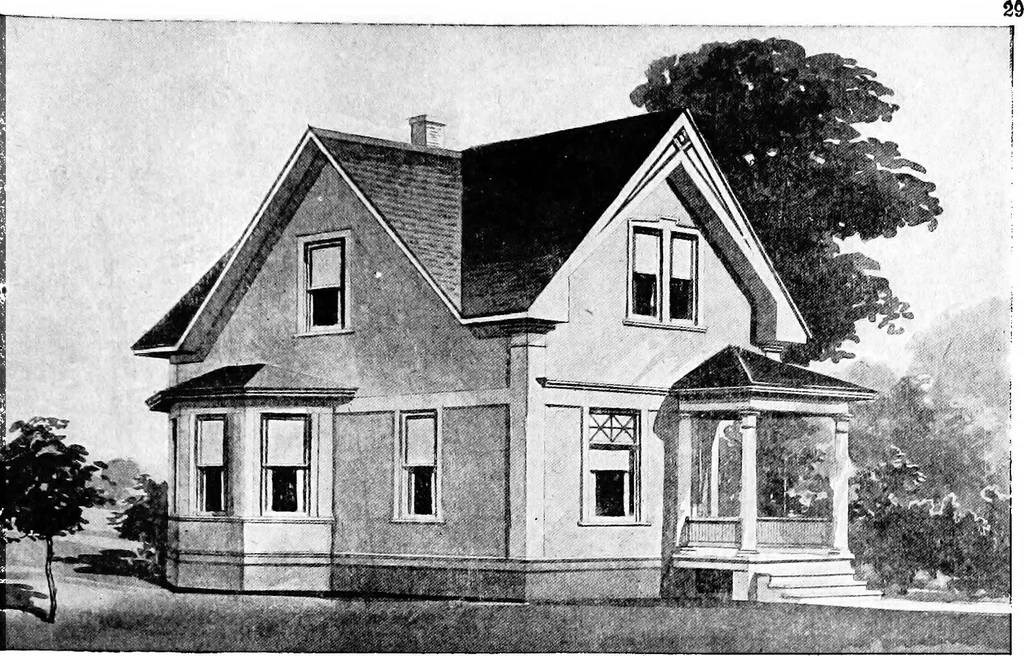 An illustration from Lumberman's house plan book : being a collection of one hundred absolutely new and attractive plans never before published, together with a selection of one hundred of our most popular houses published heretofore ... : 200 house plans, 1907, leaf 32