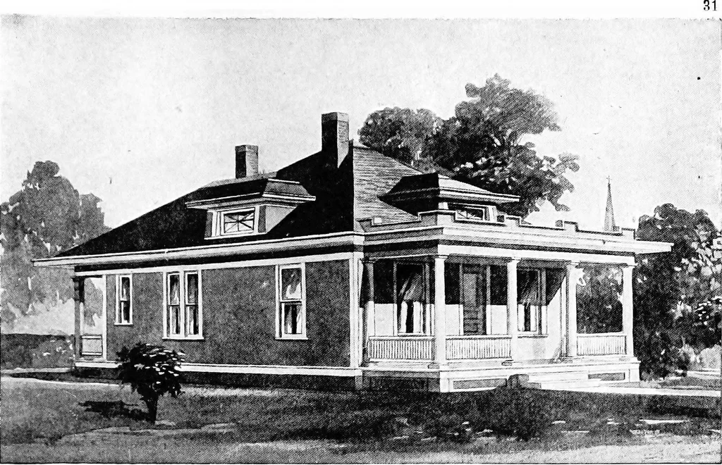 An illustration from Lumberman's house plan book : being a collection of one hundred absolutely new and attractive plans never before published, together with a selection of one hundred of our most popular houses published heretofore ... : 200 house plans, 1907, leaf 34