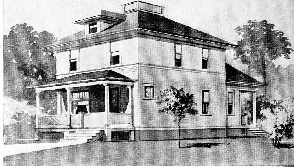 An illustration from Lumberman's house plan book : being a collection of one hundred absolutely new and attractive plans never before published, together with a selection of one hundred of our most popular houses published heretofore ... : 200 house plans, 1907, leaf 35
