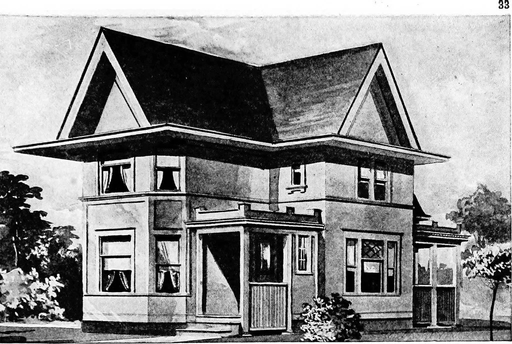 An illustration from Lumberman's house plan book : being a collection of one hundred absolutely new and attractive plans never before published, together with a selection of one hundred of our most popular houses published heretofore ... : 200 house plans, 1907, leaf 36