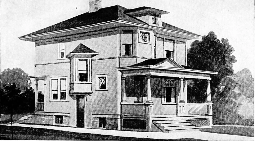 An illustration from Lumberman's house plan book : being a collection of one hundred absolutely new and attractive plans never before published, together with a selection of one hundred of our most popular houses published heretofore ... : 200 house plans, 1907, leaf 40