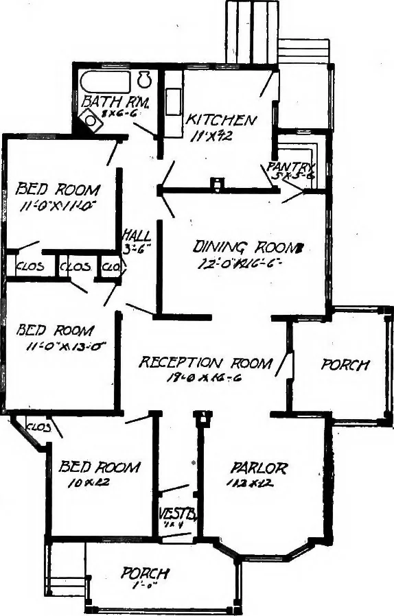 An illustration from Lumberman's house plan book : being a collection of one hundred absolutely new and attractive plans never before published, together with a selection of one hundred of our most popular houses published heretofore ... : 200 house plans, 1907, leaf 43