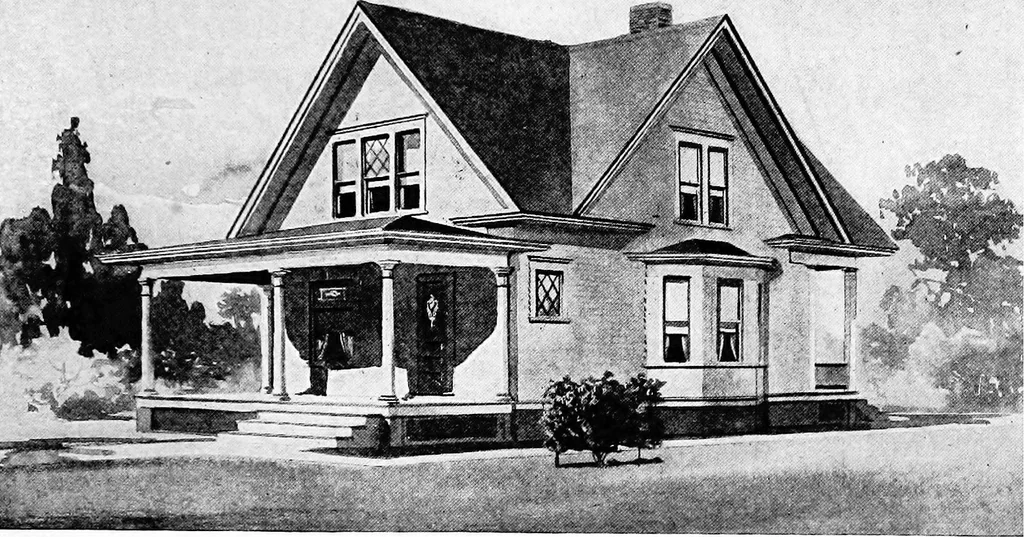 An illustration from Lumberman's house plan book : being a collection of one hundred absolutely new and attractive plans never before published, together with a selection of one hundred of our most popular houses published heretofore ... : 200 house plans, 1907, leaf 52