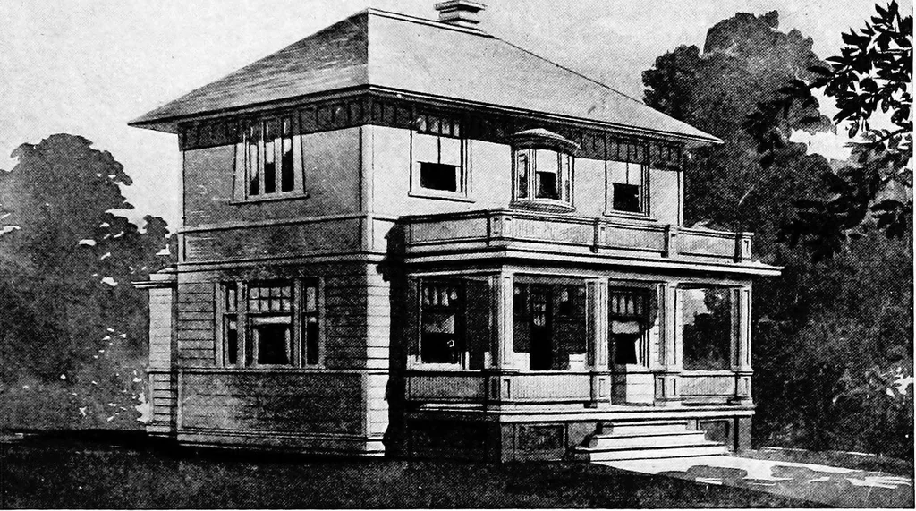 An illustration from Lumberman's house plan book : being a collection of one hundred absolutely new and attractive plans never before published, together with a selection of one hundred of our most popular houses published heretofore ... : 200 house plans, 1907, leaf 54