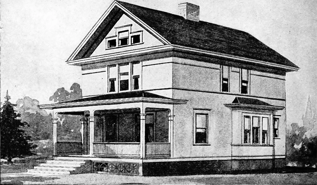 An illustration from Lumberman's house plan book : being a collection of one hundred absolutely new and attractive plans never before published, together with a selection of one hundred of our most popular houses published heretofore ... : 200 house plans, 1907, leaf 55